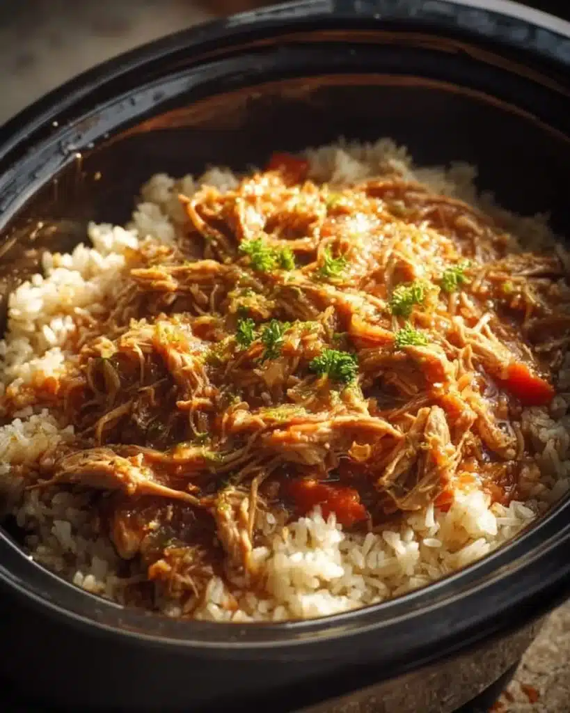 Delicious slow cooker chicken and rice in a bowl, ready to serve.