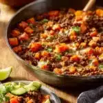 Delicious Southwest Ground Beef and Sweet Potato Skillet served in a pan.