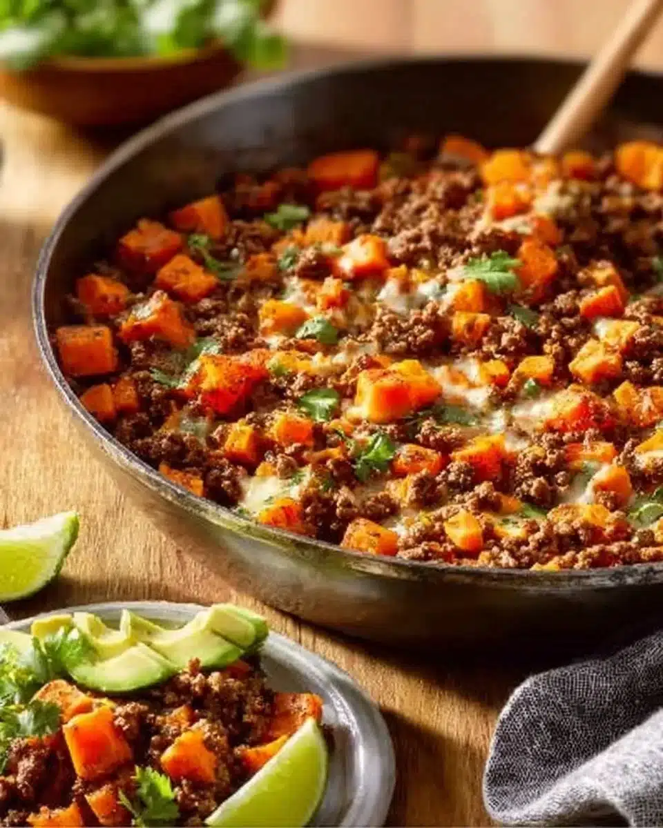 Delicious Southwest Ground Beef and Sweet Potato Skillet served in a pan.
