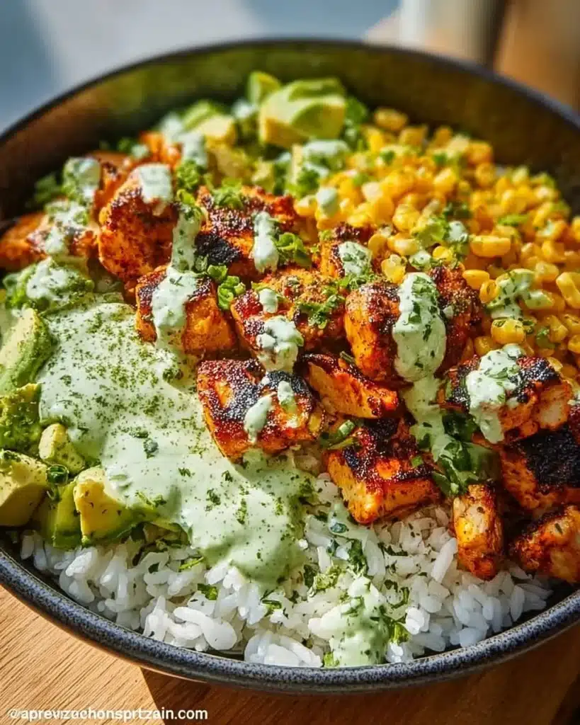 Street Corn Chicken Rice Bowl with vibrant corn and tender chicken