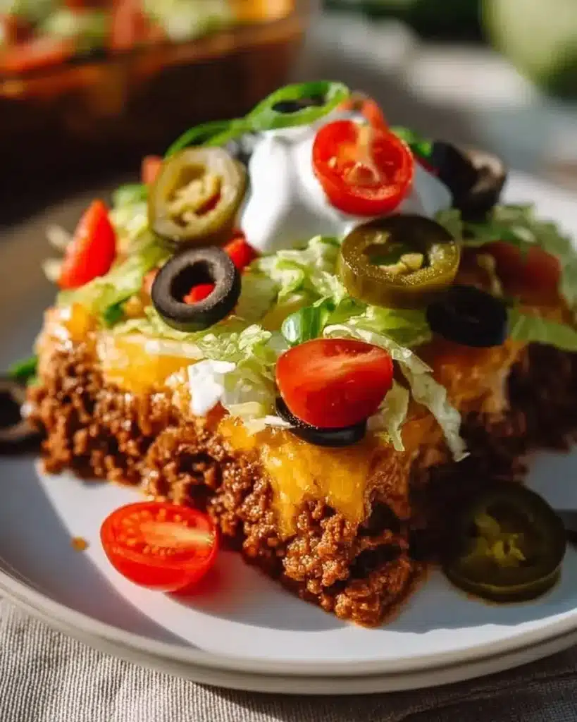 Delicious taco casserole in a baking dish, topped with cheese and herbs.