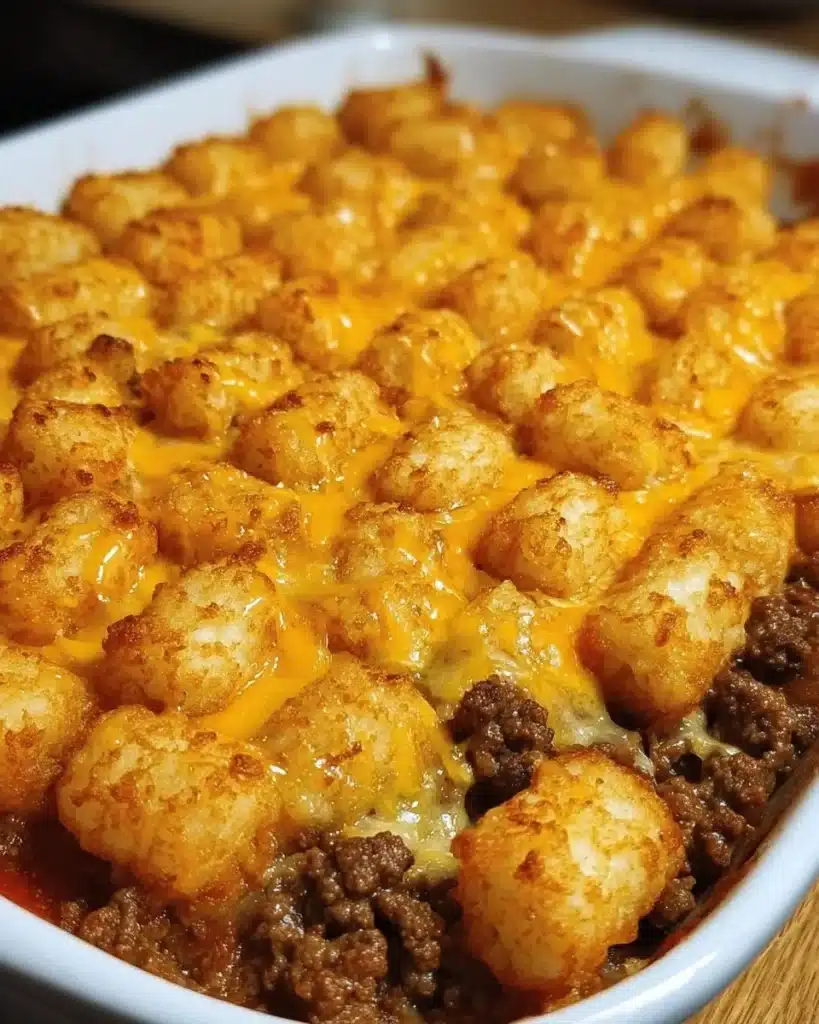 Tater tot casserole topped with ground beef and cheese, a family favorite dish