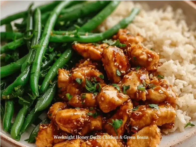 Honey Garlic Chicken served with green beans on a plate for a quick weeknight dinner.