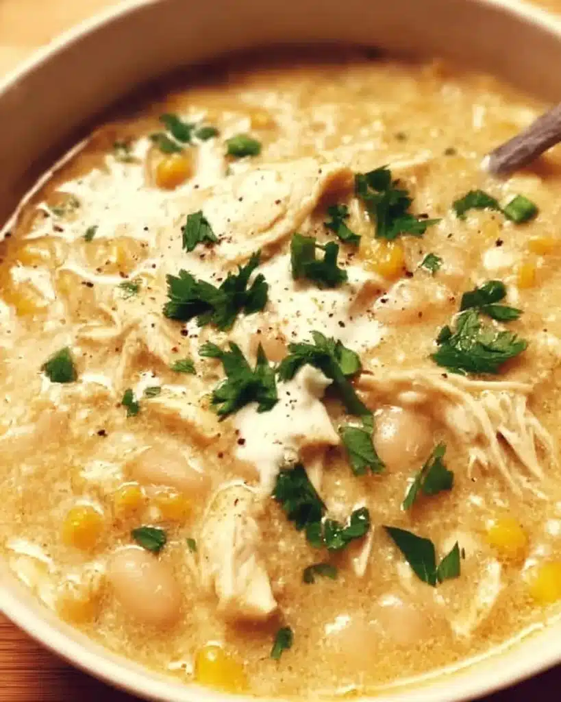 A bowl of delicious White Chicken Chili topped with fresh cilantro