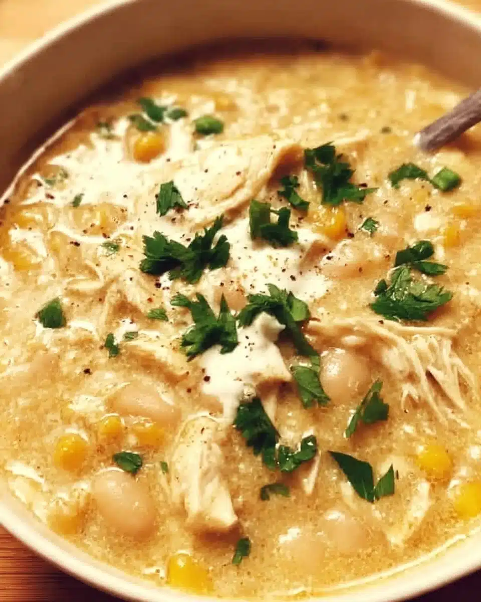 A bowl of delicious White Chicken Chili topped with fresh cilantro