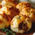 Cheesy beef biscuit bombs, savory beef with cheese inside flaky biscuits.