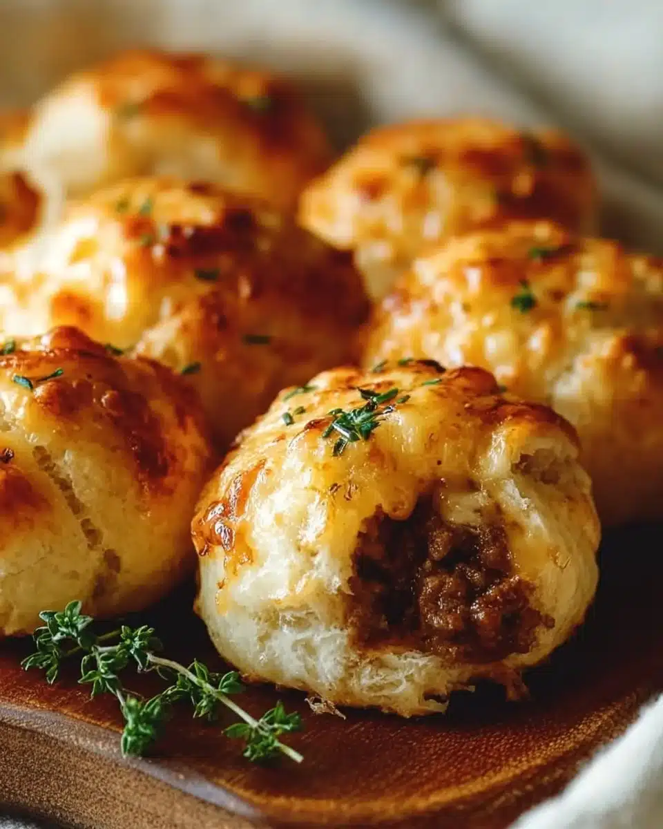 Cheesy beef biscuit bombs, savory beef with cheese inside flaky biscuits.