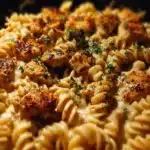 Cheesy Cajun Garlic Chicken Rotini Skillet served in a cozy setting