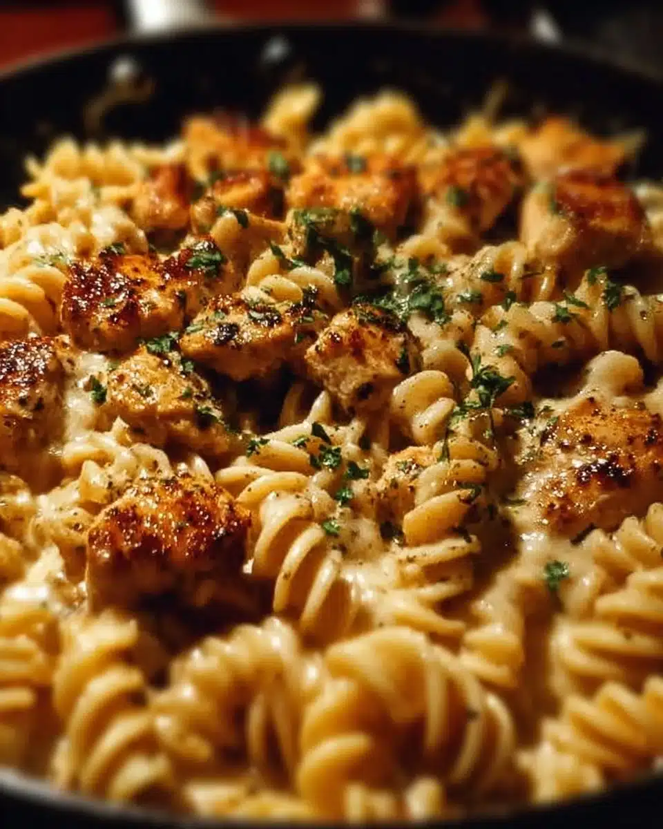 Cheesy Cajun Garlic Chicken Rotini Skillet served in a cozy setting