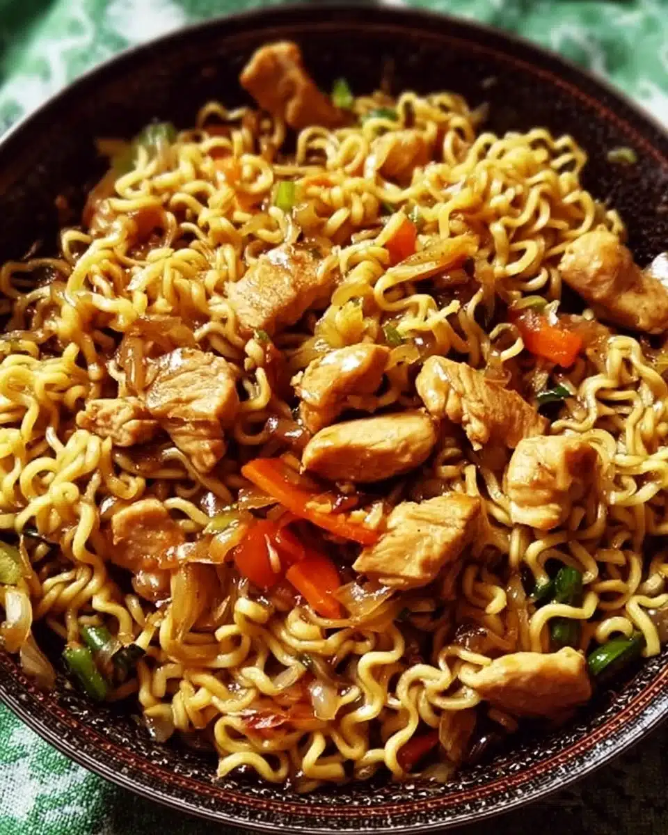 Bowl of Chicken Ramen Stir Fry garnished with vegetables and herbs
