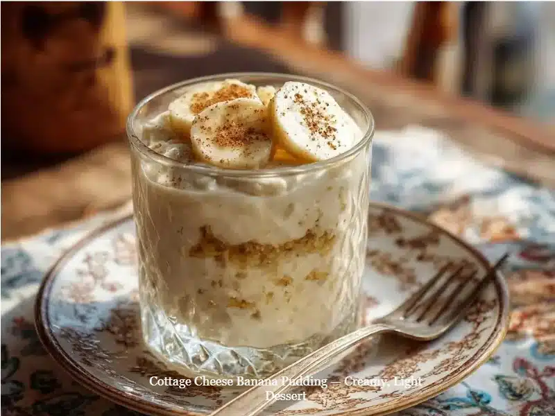 Creamy cottage cheese banana pudding served in a bowl with bananas on top.