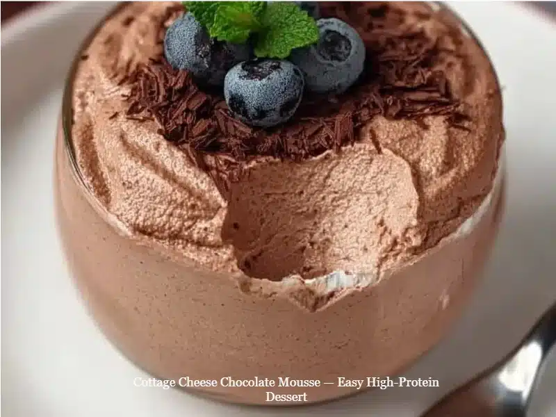 Delicious cottage cheese chocolate mousse dessert topped with chocolate shavings.