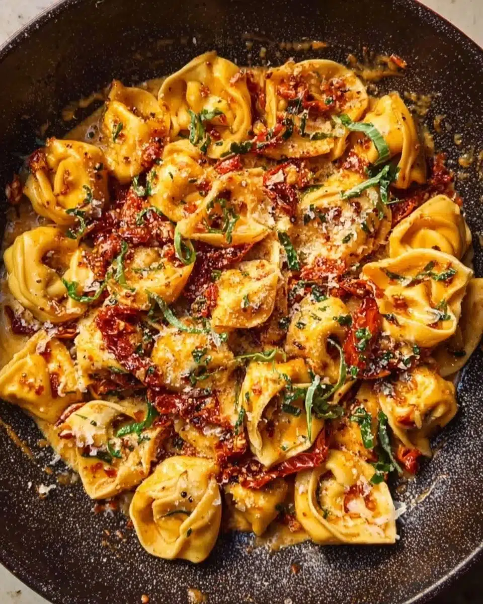 Creamy sun-dried tomato tortellini served elegantly on a plate