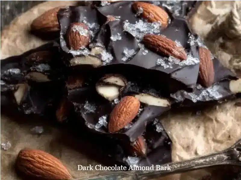 Delicious Dark Chocolate Almond Bark with crunchy almond pieces.