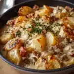 Delicious creamy meat and potato skillet in a one-pan recipe