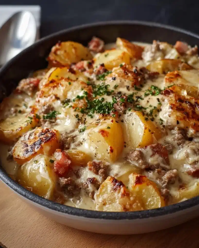 Delicious creamy meat and potato skillet in a one-pan recipe