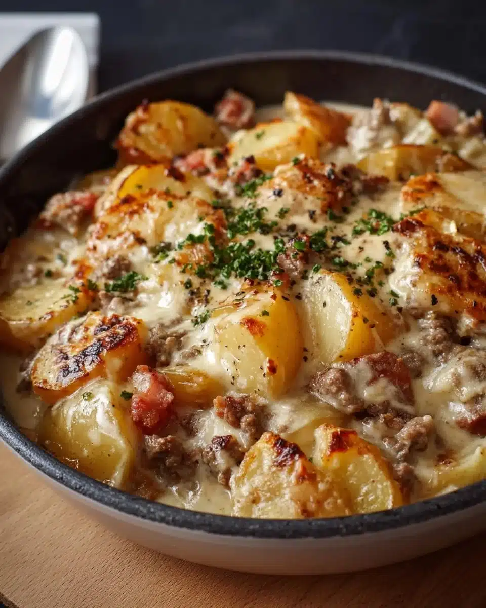 Delicious creamy meat and potato skillet in a one-pan recipe