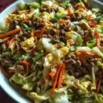 A delicious egg roll in a bowl served with fresh vegetables and soy sauce.