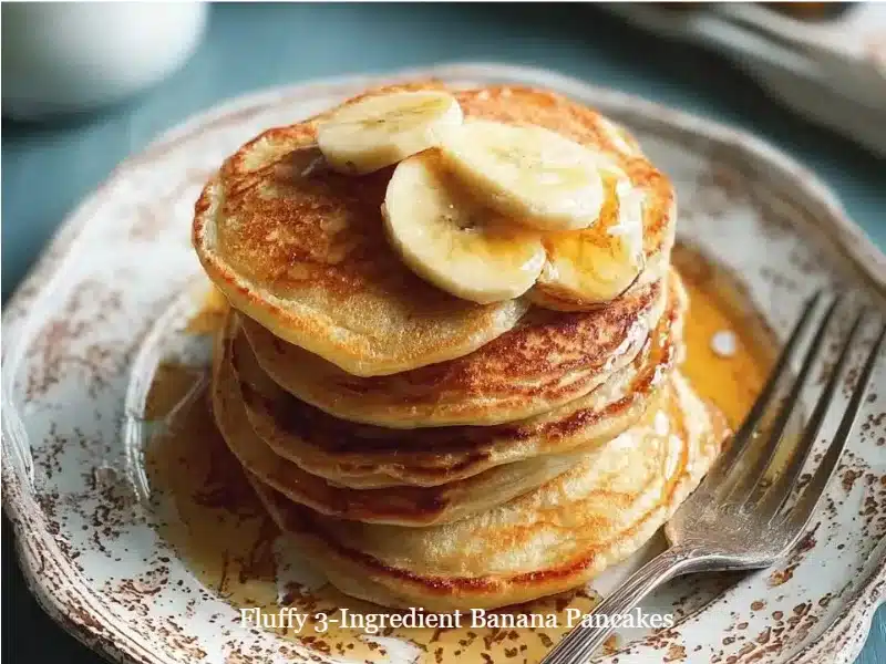 Fluffy 3-ingredient banana pancakes stacked on a plate with syrup