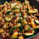 Ground turkey and zucchini skillet dish served in a pan