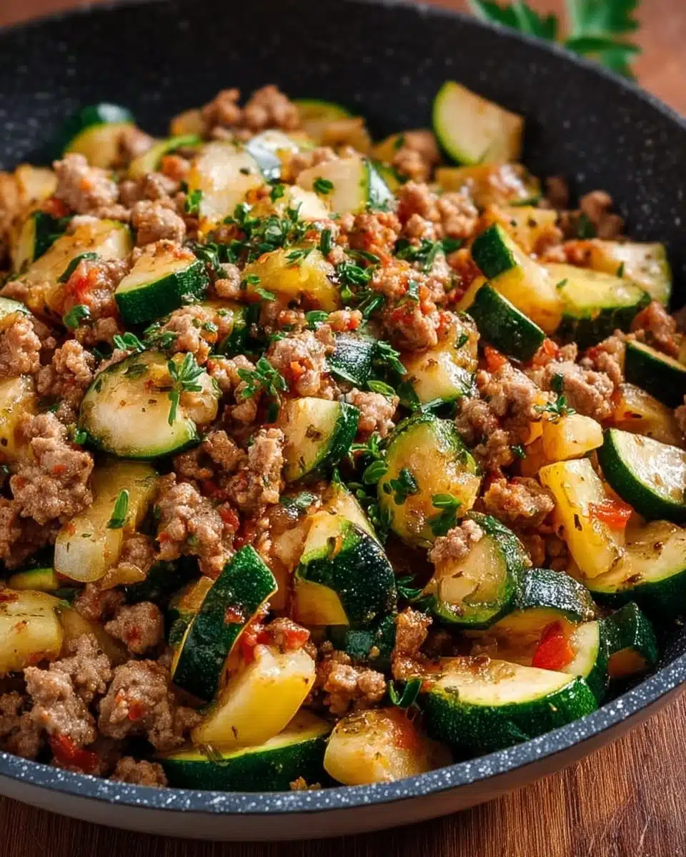 Ground turkey and zucchini skillet dish served in a pan