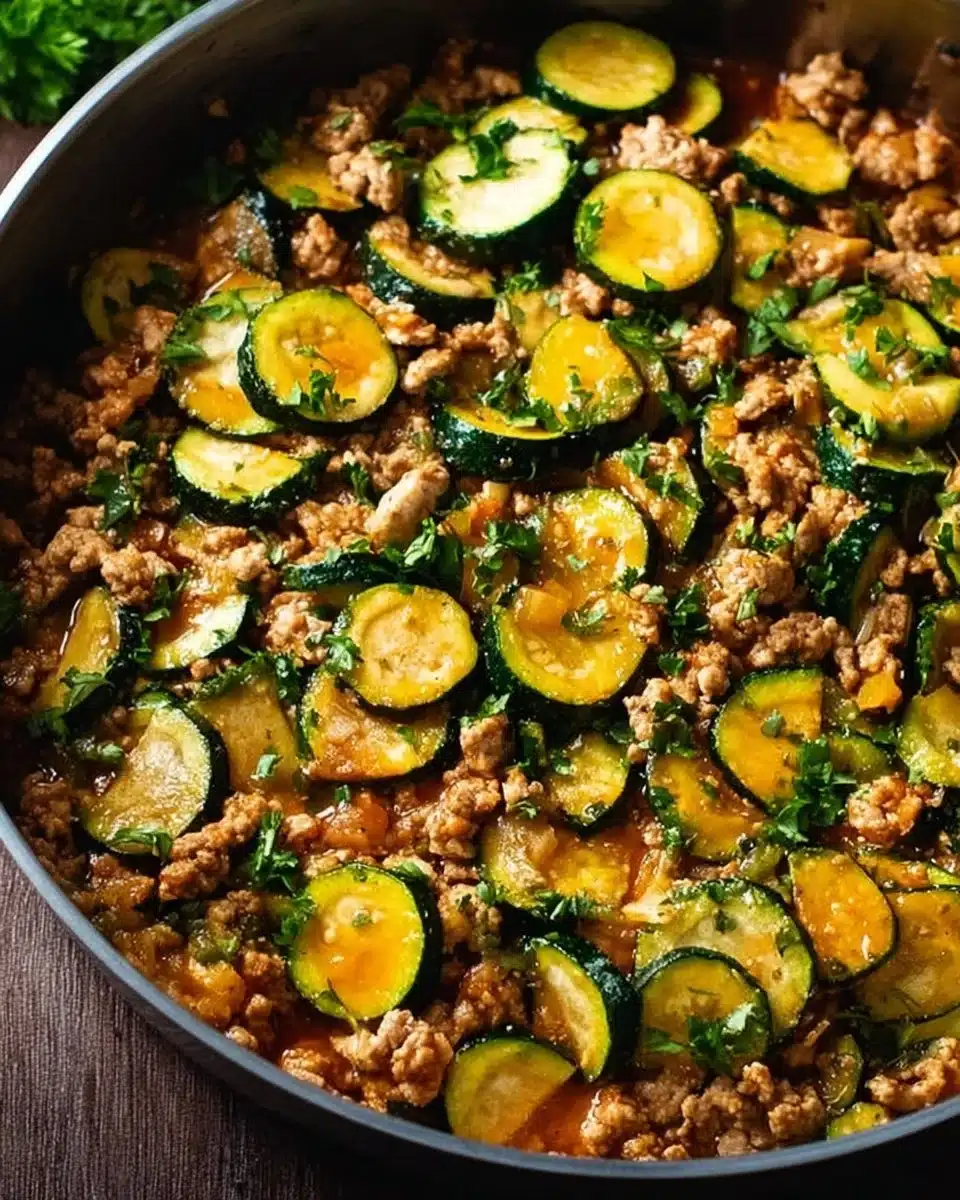 Ground turkey and zucchini skillet dish served in a pan with fresh ingredients