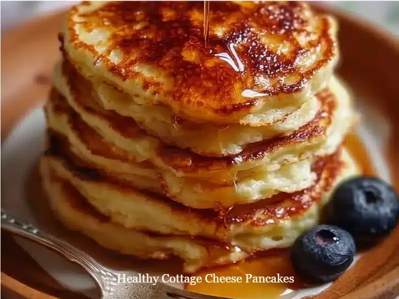Fluffy healthy cottage cheese pancakes stacked on a plate with syrup and berries