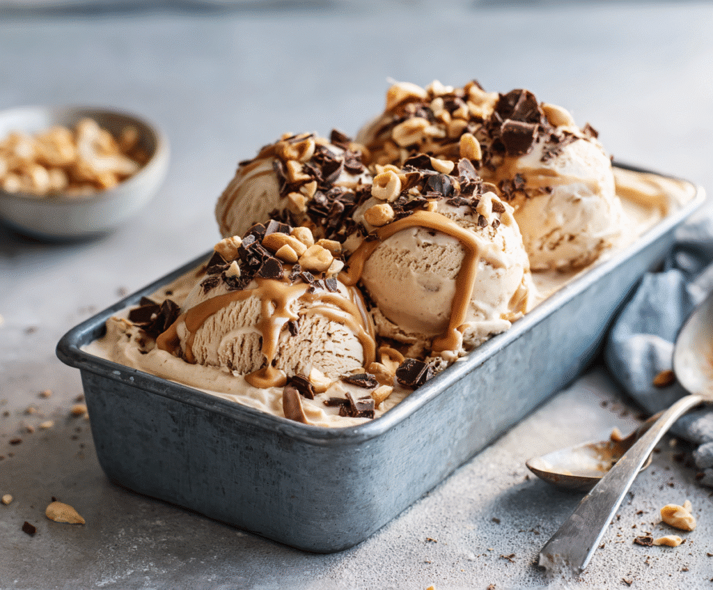 Bowl of creamy peanut butter high-protein ice cream topped with chopped peanuts and chocolate shavings.