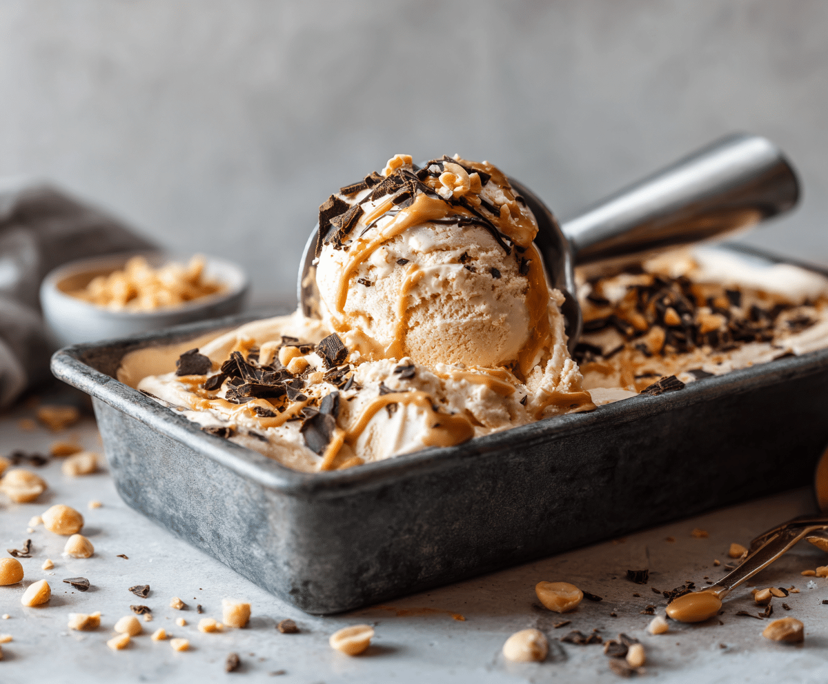 Homemade peanut butter high-protein ice cream with a soft, creamy texture and peanut topping.