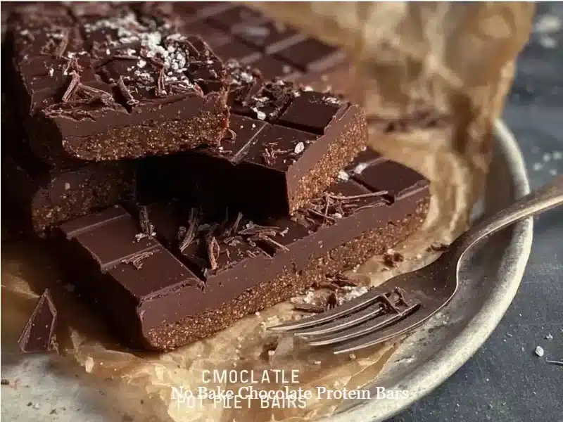 No bake chocolate protein bars stacked on a plate.
