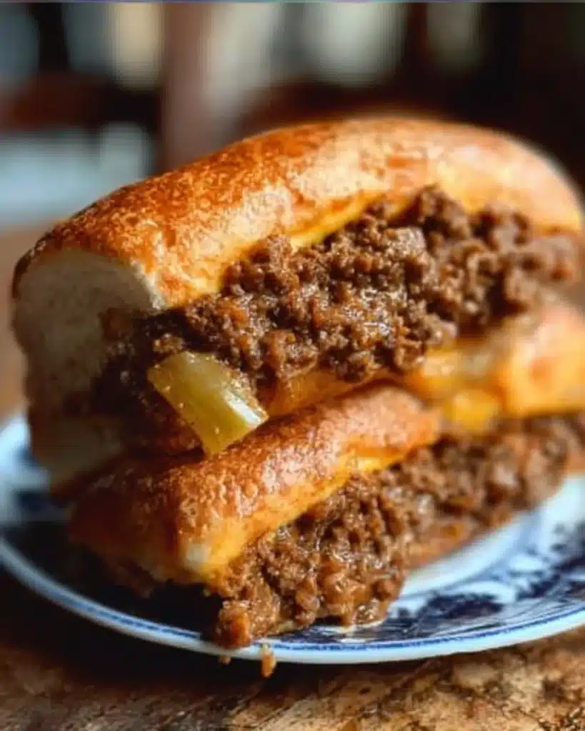 Delicious Philly cheese steak sloppy joes served on a plate with toppings.