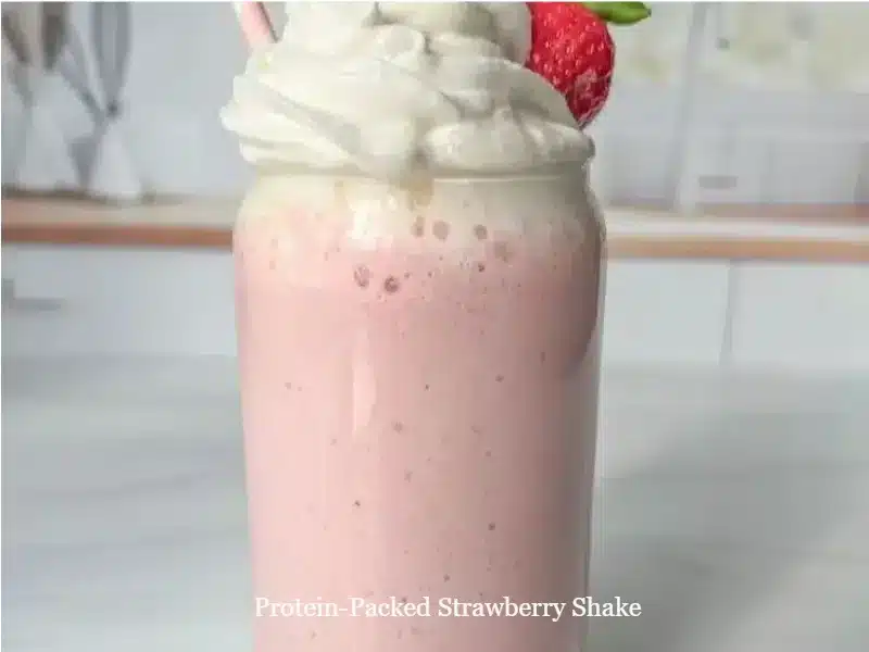 Protein-packed strawberry shake with fresh strawberries and milk