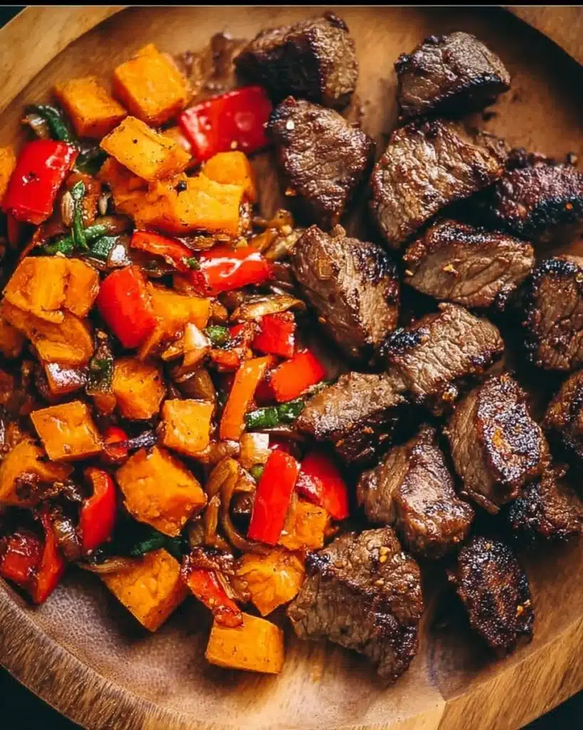Whole30 steak bites with sweet potatoes and bell peppers served on a plate
