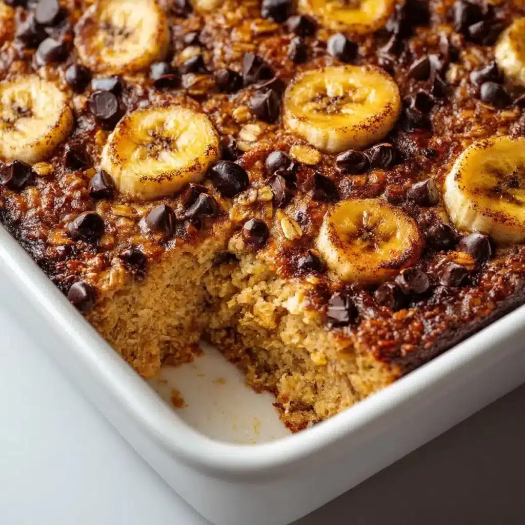 Delicious banana chocolate chip baked oatmeal in a bowl, perfect for breakfast.
