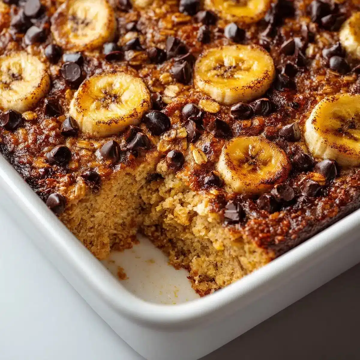 Delicious banana chocolate chip baked oatmeal in a bowl, perfect for breakfast.