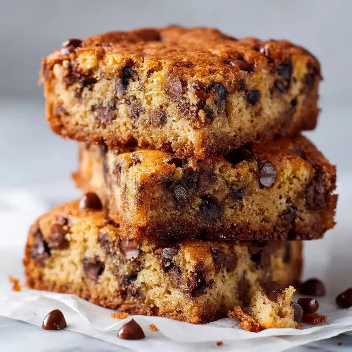 Delicious homemade Banana Chocolate Chip Bars served on a plate