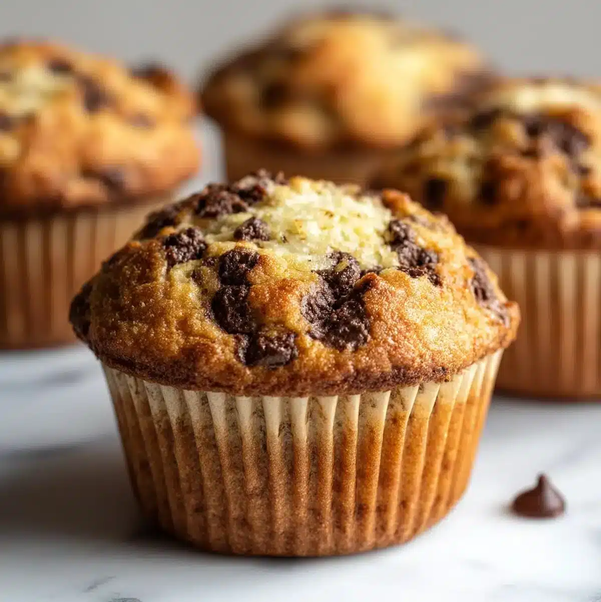 Banana chocolate chip muffins with cream cheese frosting on a plate