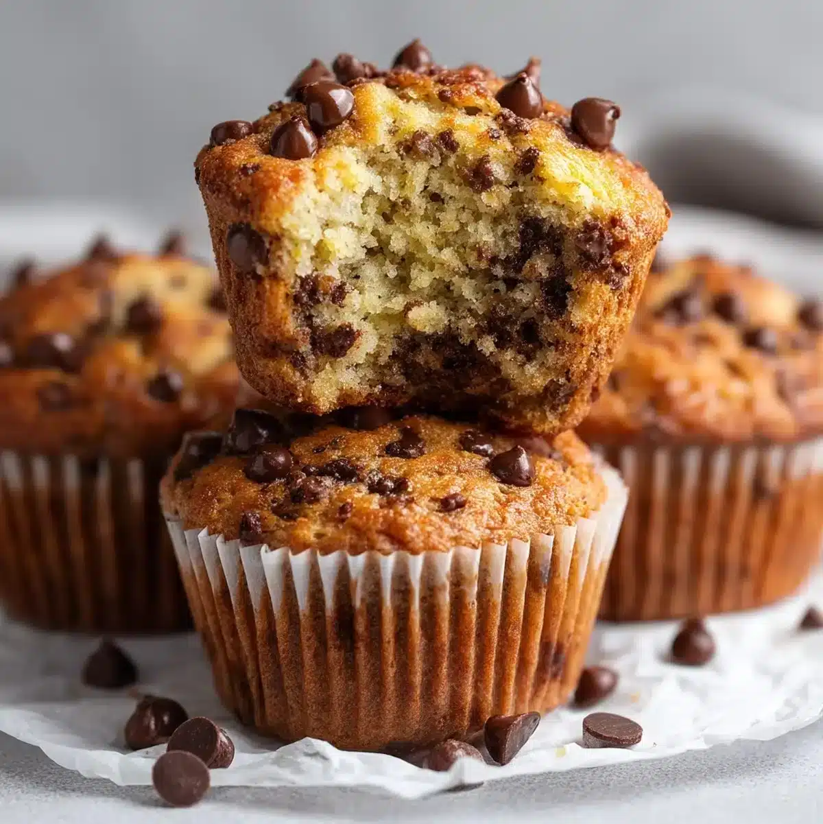Freshly baked banana chocolate chip muffins on a cooling rack