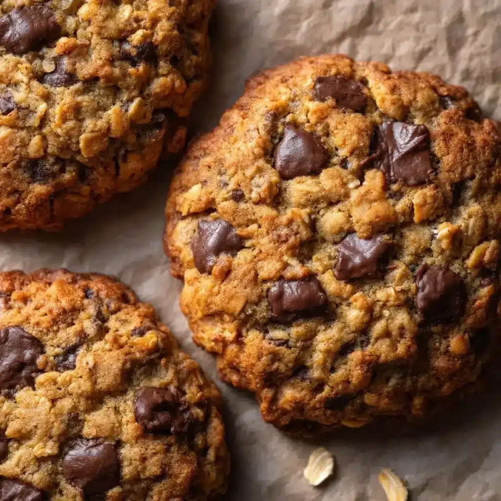 Banana chocolate chip oatmeal cookies on a plate, garnished with chocolate chips.