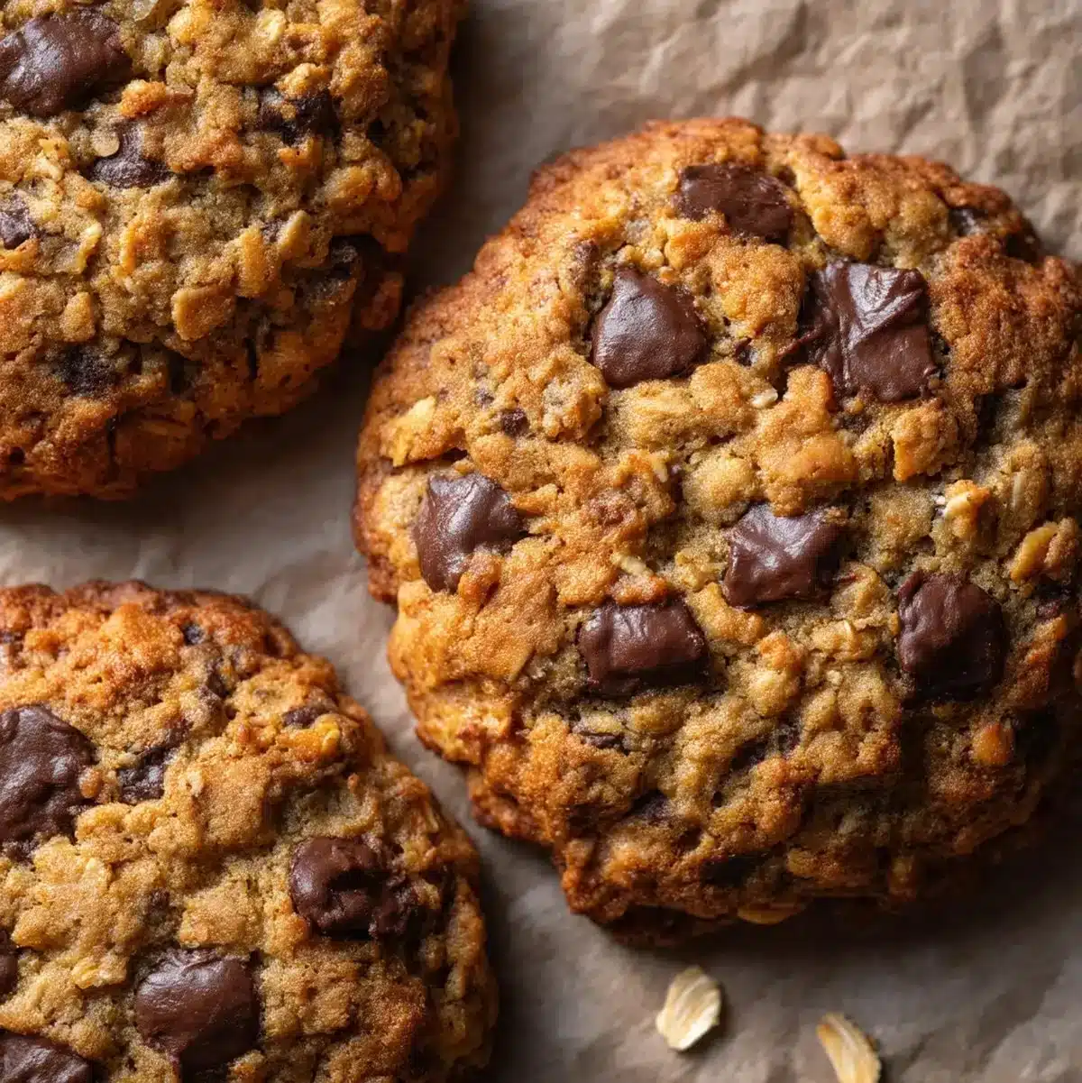 Banana chocolate chip oatmeal cookies on a plate, garnished with chocolate chips.