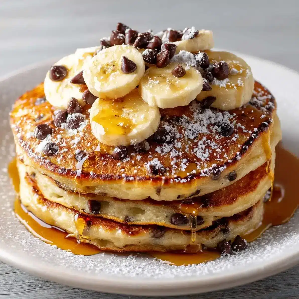 Fluffy banana chocolate chip pancakes stacked on a plate with syrup and bananas