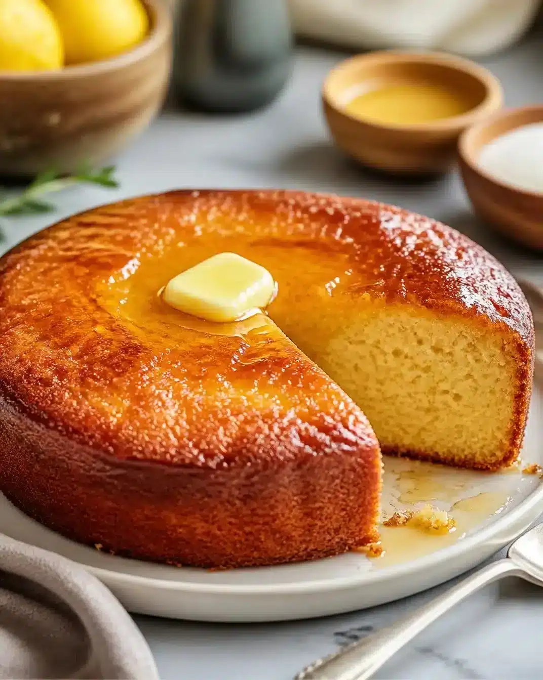 Classic French butter tea cake served on a plate with a cup of tea