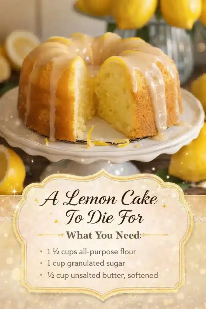 Moist lemon cake with frosting and lemon slices on top