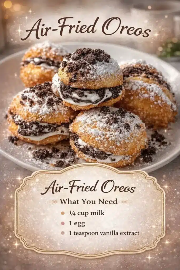 Plate of crispy Air-Fried Oreos with a dusting of powdered sugar.