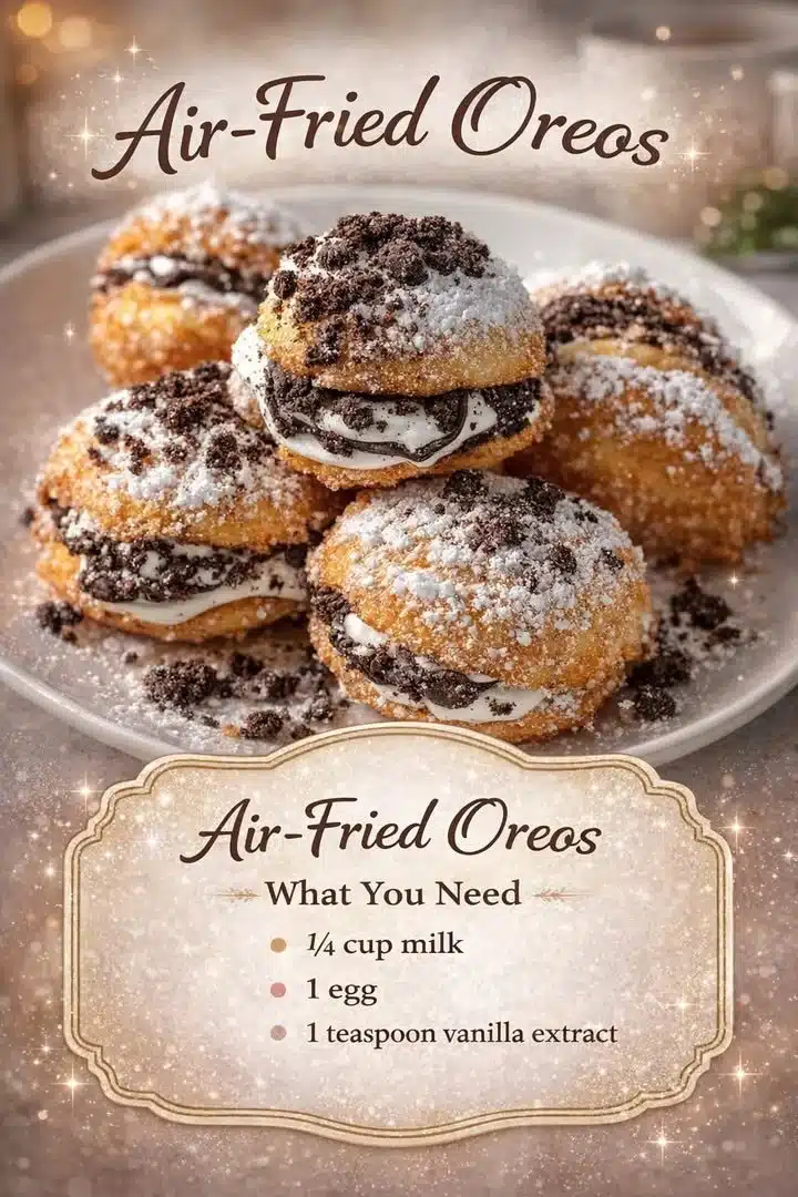 Plate of crispy Air-Fried Oreos with a dusting of powdered sugar.