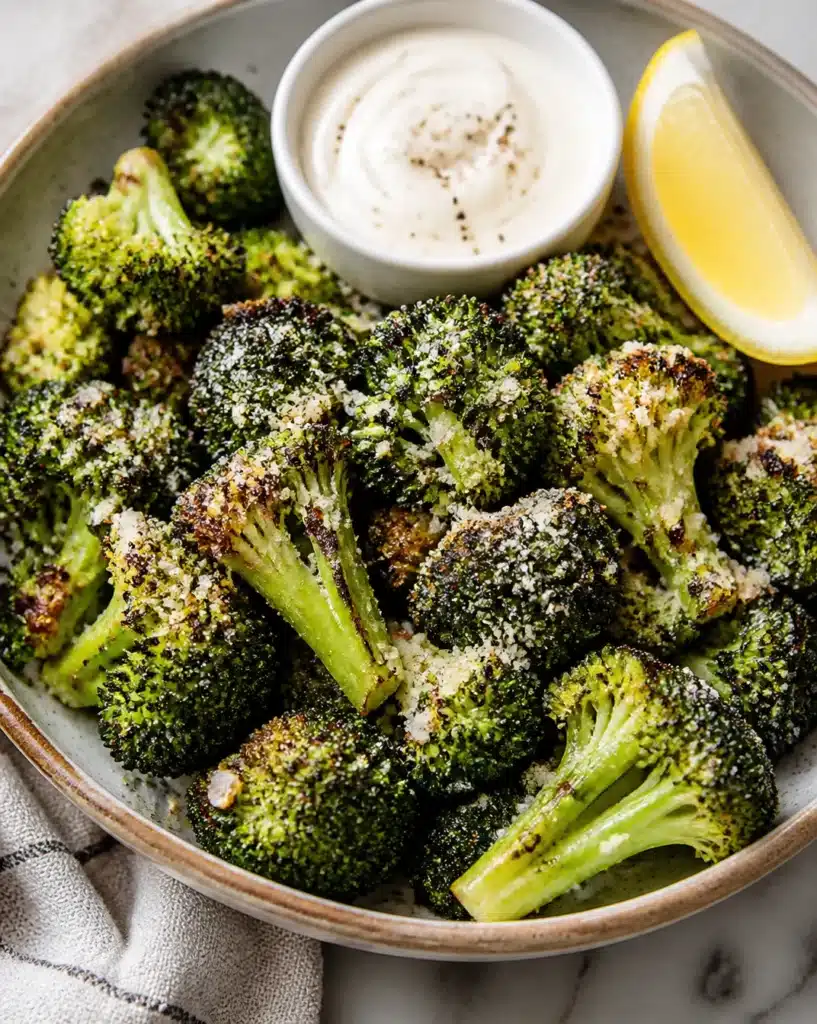 Crispy Air Fryer Garlic Parmesan Broccoli served on a plate
