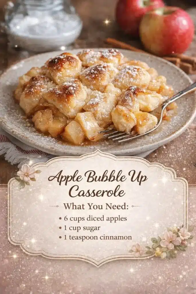 Delicious serving of Apple Bubble Up Casserole with caramel drizzle