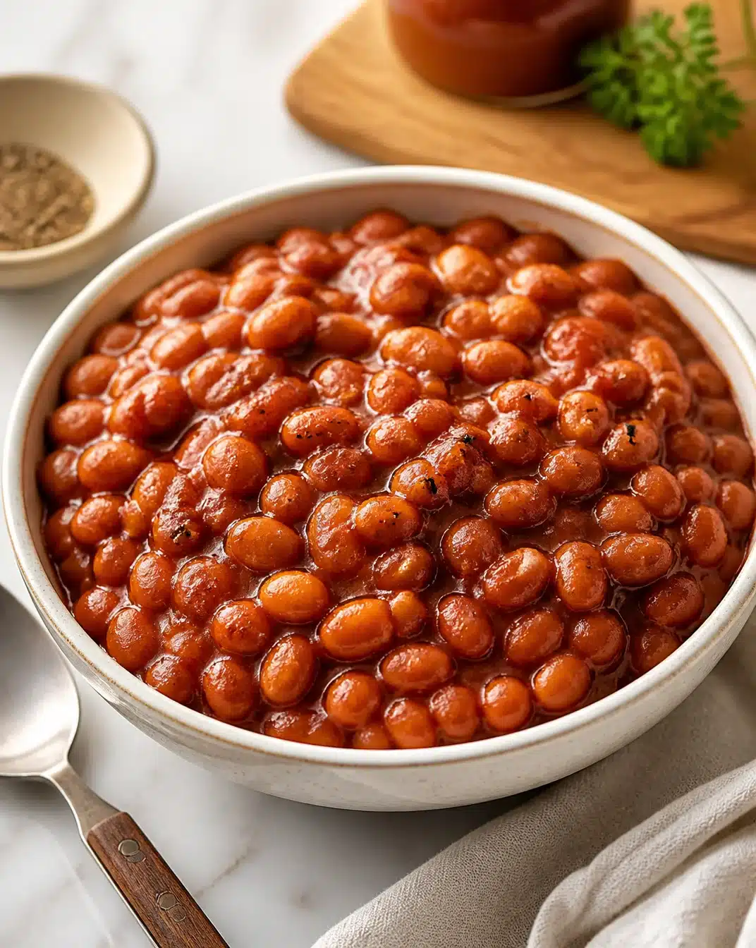 Delicious baked beans served in a rustic bowl