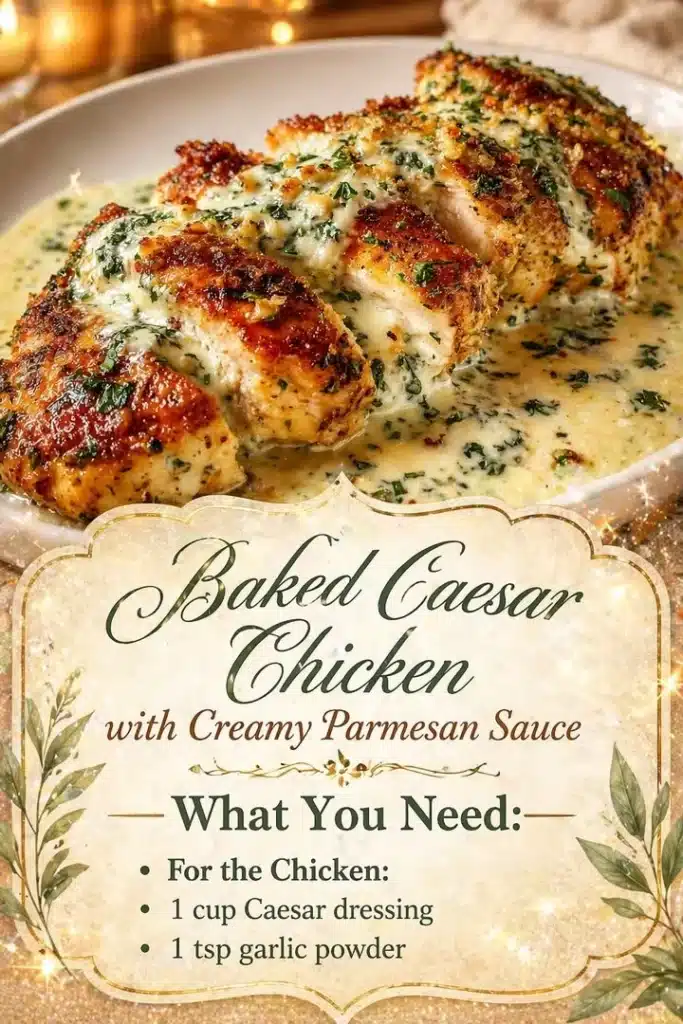 Baked Caesar Chicken topped with Creamy Parmesan Sauce on a plate