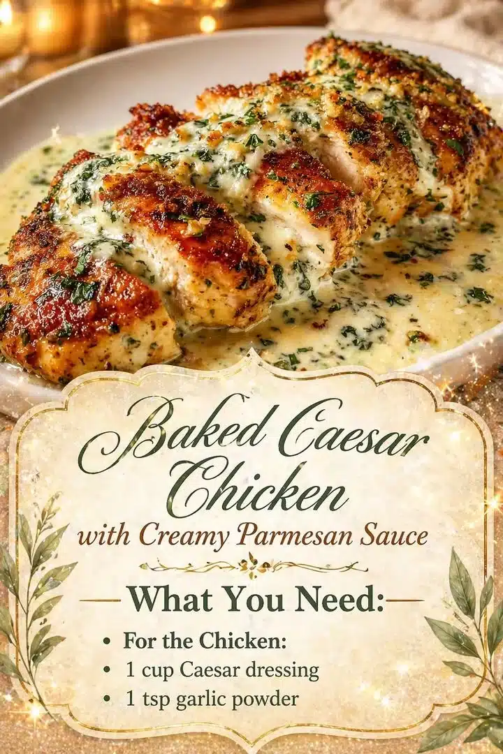 Baked Caesar Chicken with Creamy Parmesan Sauce 1 Baked Caesar Chicken topped with Creamy Parmesan Sauce on a plate